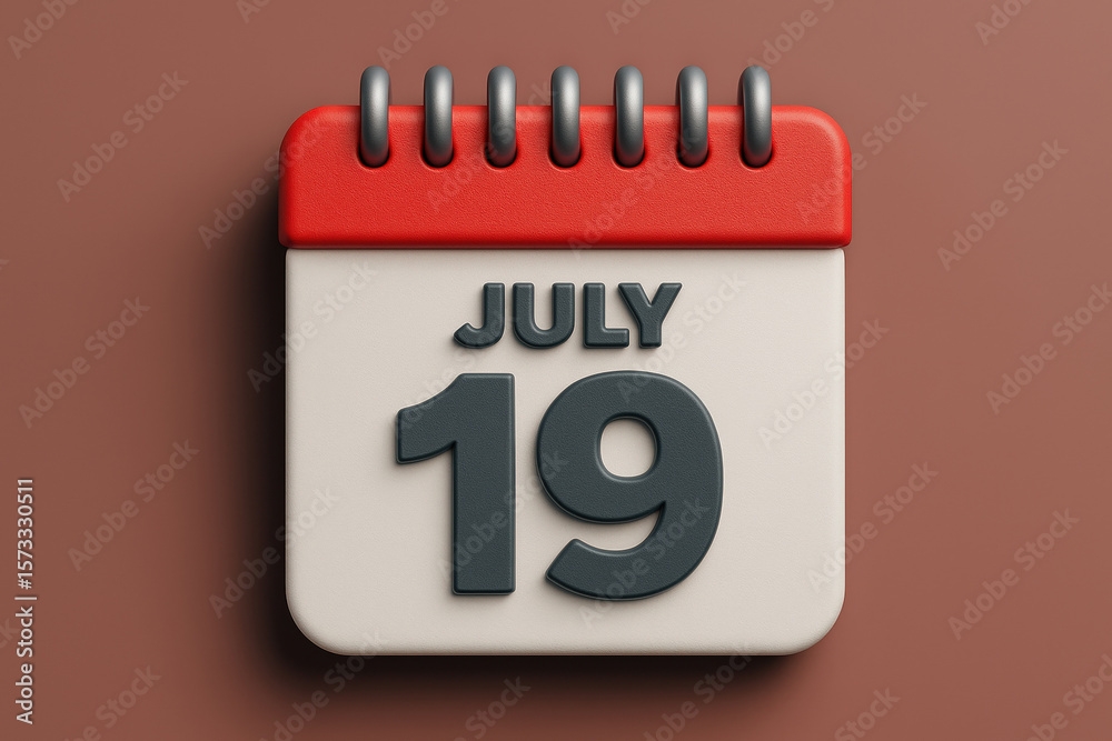 Fototapete 3d illustration of a july 19th calendar icon with dark gray text on a light beige page and red top a