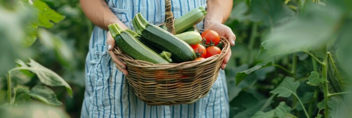 A woman holding a basket of crisp green zucchinis and vibrant red tomatoes proudly showing off her homegrown produce.