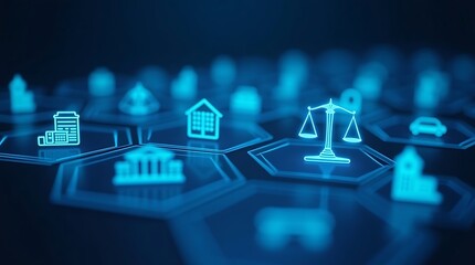 Scales of justice sit among digital property icons