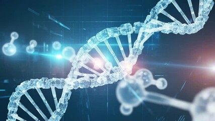 A highly detailed double helix rotating in a sterile environment, spiraling as particles float around it, zoom in microscopic scale showing protein structures - Powered by Adobe