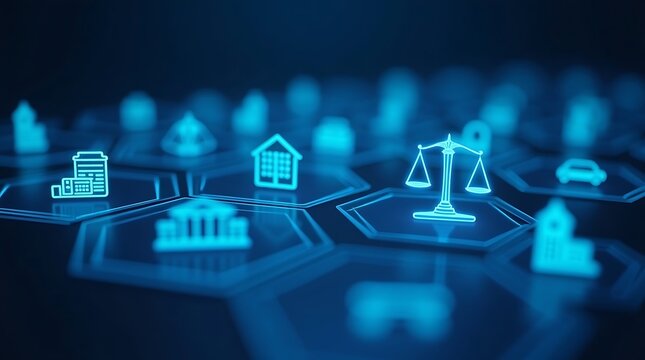 Scales of justice sit among digital property icons