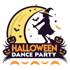 Silhouette of a witch flying on a broomstick with pumpkins and bats for a halloween dance party event
