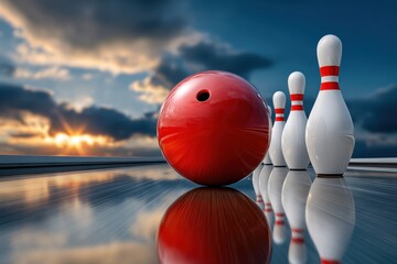 Striking sunset moments on the bowling lane with a vibrant red ball and standing pins reflecting the evening sky