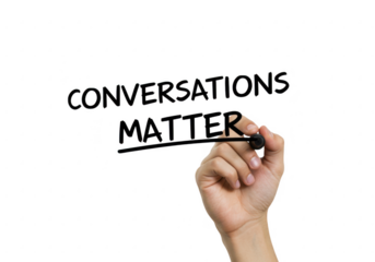 A hand writes the words conversations matter on a transparent background