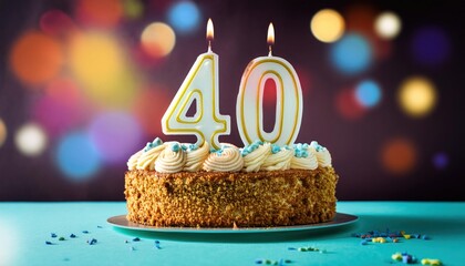 Tasty 40th Birthday Cake with Candles on Colorful Background