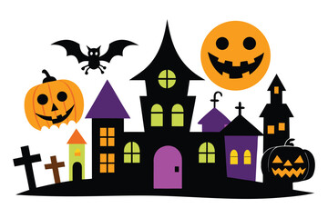 Fototapeta premium Halloween background with haunted house pumpkins and bats at night