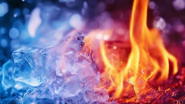 Close-up view of ice and fire intertwined, with a blue and orange color contrast.