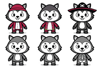 Obraz premium Six cartoon wolves in costumes and skeleton outfit wolf werewolf