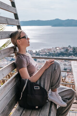 ourney, young woman embarks solo journey, middle breathtaking mountain panorama. Embracing self-care digital nomad lifestyle, freedom, adventure and personal growth