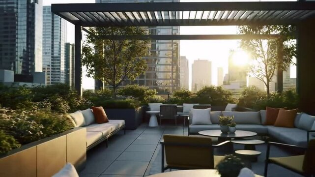 Urban Oasis Rooftop Garden Retreat With City Skyline Backdrop