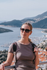 ourney, young woman embarks solo journey, middle breathtaking mountain panorama. Embracing self-care digital nomad lifestyle, freedom, adventure and personal growth