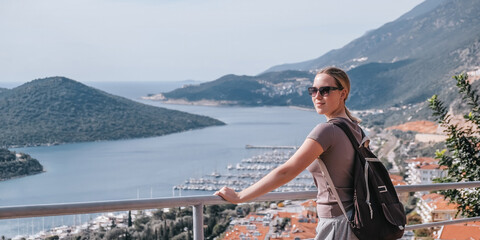 ourney, young woman embarks solo journey, middle breathtaking mountain panorama. Embracing self-care digital nomad lifestyle, freedom, adventure and personal growth