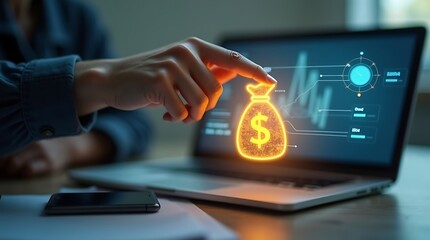 A hand points to a glowing money bag icon