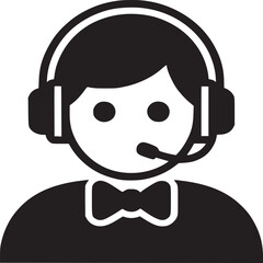 Icon of a customer service representative wearing headset and bowtie in black and white color scheme