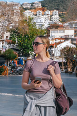 ourney, young woman embarks solo journey, middle breathtaking mountain panorama. Embracing self-care digital nomad lifestyle, freedom, adventure and personal growth