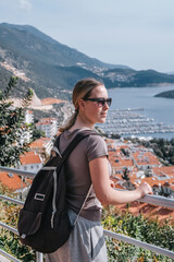 ourney, young woman embarks solo journey, middle breathtaking mountain panorama. Embracing self-care digital nomad lifestyle, freedom, adventure and personal growth