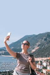 ourney, young woman embarks solo journey, middle breathtaking mountain panorama. Embracing self-care digital nomad lifestyle, freedom, adventure and personal growth