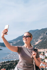 ourney, young woman embarks solo journey, middle breathtaking mountain panorama. Embracing self-care digital nomad lifestyle, freedom, adventure and personal growth