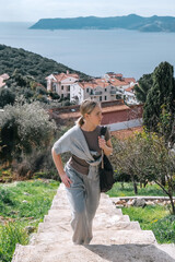 ourney, young woman embarks solo journey, middle breathtaking mountain panorama. Embracing self-care digital nomad lifestyle, freedom, adventure and personal growth