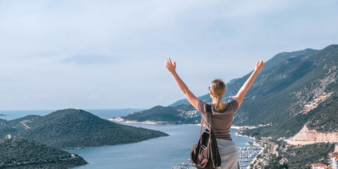 ourney, young woman embarks solo journey, middle breathtaking mountain panorama. Embracing self-care digital nomad lifestyle, freedom, adventure and personal growth