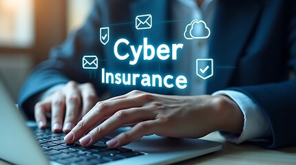 Person working on laptop with cyber insurance graphic