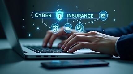 Cyber insurance concept person types on laptop