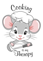 Smiling chef mouse with a ladle in his hand. Cooking is my therapy