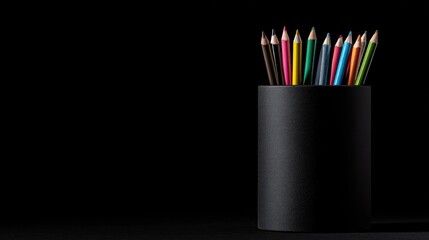 Black background, black pencil pot with colored pencils on top