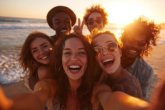 Six friends smile and pose together as the sun sets behind them at the beach. Waves crash in the background while they celebrate their time together. - Powered by Adobe