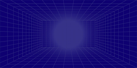 Metaverse VR Wireframe Room Blue Background. Vector Perspective Grid. Futuristic VR Game Geometric Backdrop. Box with Digital Cyber Space. Vector Illustration. eps10. modern