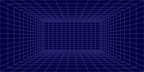 Metaverse VR Wireframe Room Blue Background. Vector Perspective Grid. Futuristic VR Game Geometric Backdrop. Box with Digital Cyber Space. Vector Illustration. eps10. modern