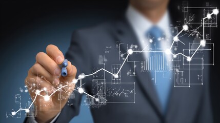 Businessman drawing a growth graph line with a marker on a virtual screen