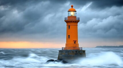 Obraz premium Orange lighthouse stands strong amidst a stormy sea.
