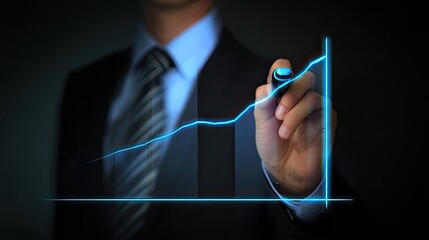 Businessman drawing a growth graph line with a marker on a virtual screen background of business data and marketing charts