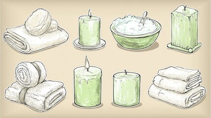 Clipart of spa items, including green candles and white towels