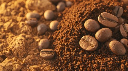 Close-up of coffee beans and ground coffee