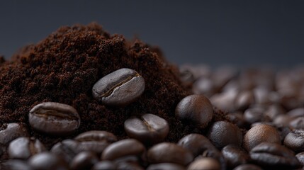 Close-up of coffee beans and ground coffee