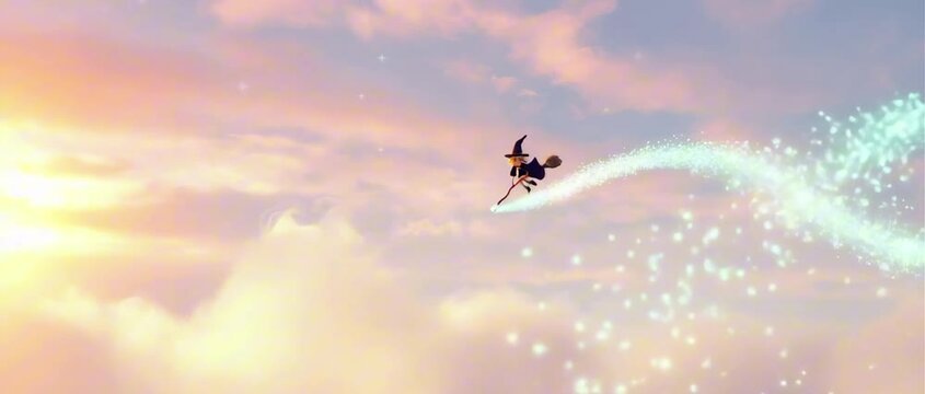 2:35:1 A young witch flying through clouds on a broomstick at sunset, cartoon animation, sweeping panoramic shots, vibrant sunset sky, expressive face, magical dust trails
