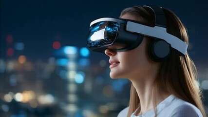 Immersive virtual reality headset experience in urban night scape technological interface - Powered by Adobe