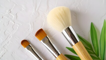 Wooden Makeup Brushes on White Towel with Green Leaf