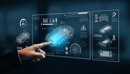 Technical layout of electric vehicle showing battery system, power control, traction motor,...