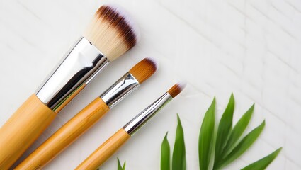 Wooden Makeup Brushes on White Towel with Green Leaf