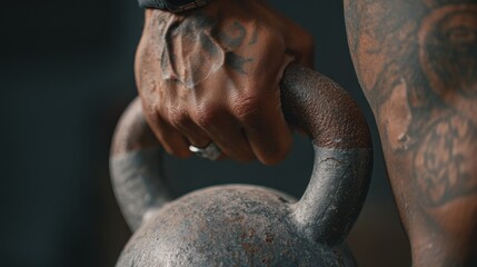 Obraz premium Close-up of tattooed hand holding kettlebell