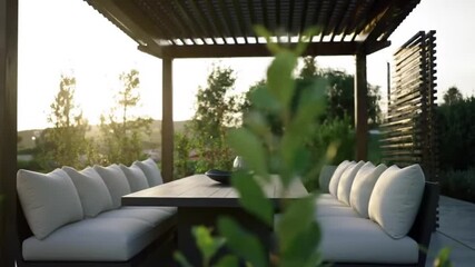 Elegant Outdoor Dining Area Under Pergola With Sunset Views