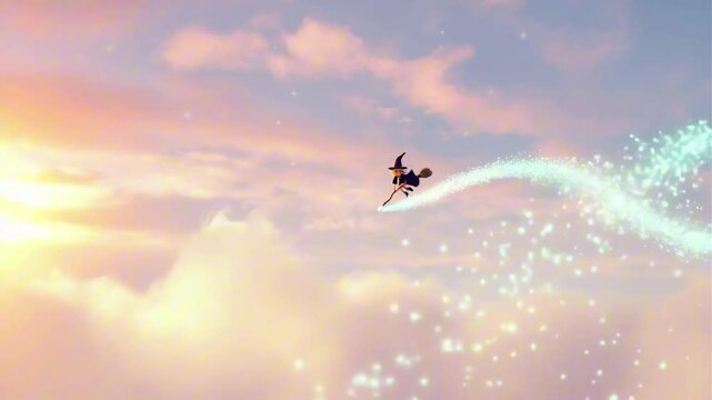 A young witch flying through clouds on a broomstick at sunset, cartoon animation, sweeping panoramic shots, vibrant sunset sky, expressive face, magical dust trails