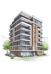 Modern Apartment Building Design - Architectural of a modern apartment building with balconies, showcasing sleek design and urban living