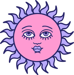 iconic tattoo style image of a sun with face in bright neon color