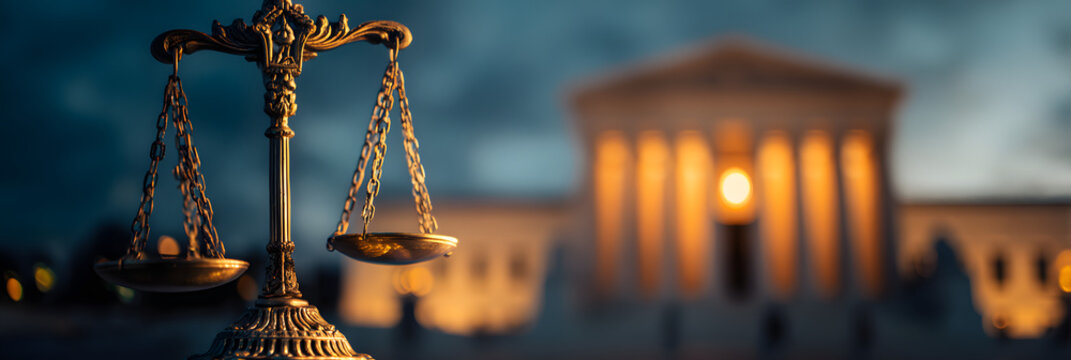 law firm consultation, legal advice service, family criminal social statute justice concept, scales in front of supreme court house building, abstract background banner with copy space