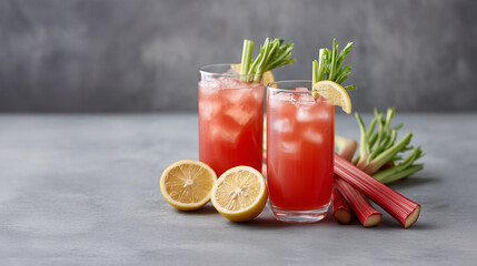 Refreshing Rhubarb and Lemon Drink: Two tall glasses filled with an iced rhubarb and lemon drink, garnished with fresh rhubarb stalks and lemon wedges.