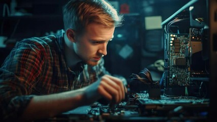 A focused technician in a modern workshop, working diligently on computer hardware with precision tools.